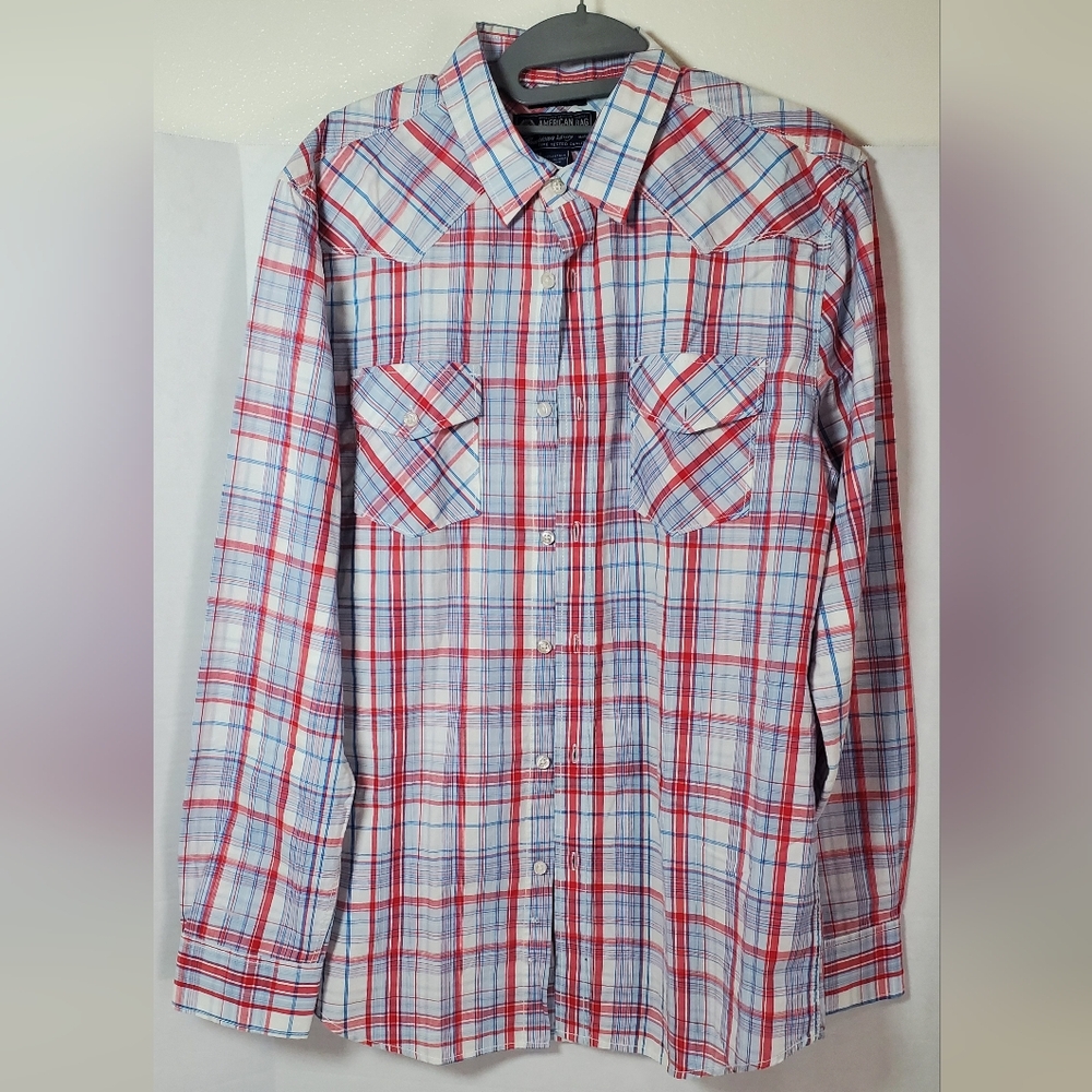 American Rag Men’s Button Up Shirt Medium Red Blue White Plaid Long Sleeve Cotto